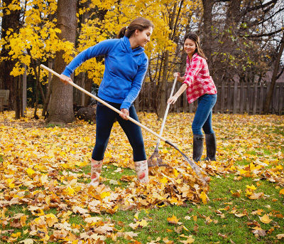 Teen girls raking the leaves in backyard